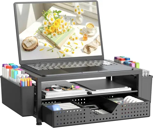 Miniatura 9 de OPNICE Soporte elevador de monitor doble con cajón y 2 soportes para bolígrafos, organizador de escritorio para suministros de oficina, soporte