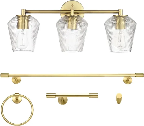Miniatura 14 de GLOBE Electric 63000062 - Juego de baño todo en uno de 5 piezas, negro mate y latón, luz de tocador de 3 luces, vidrio sembrado, toallero, soporte