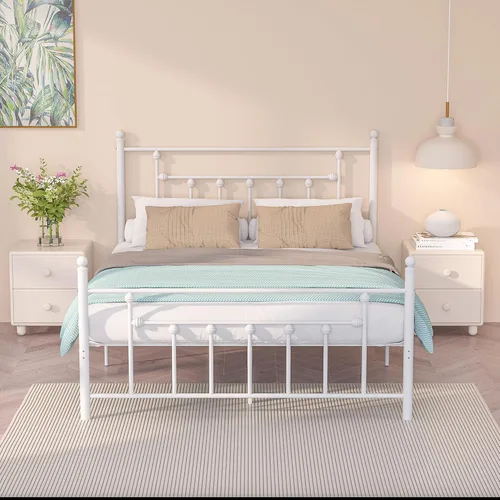 VECELO Base de cama de plataforma metálica de tamaño matrimonial con cabecera y estribo, soporte de listones de acero resistente, base de colchón no