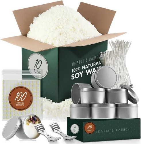 Miniatura 8 de Hearth & Harbor Cera de soja natural y suministros para hacer velas de bricolaje – 5 libras de copos de cera de soja, latas de vela con tapa