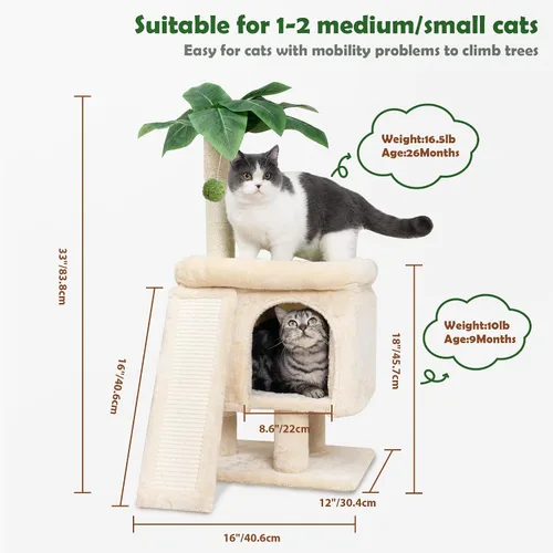Miniatura 2 de Meowoou Torre de palmera para gatos de interior con acogedor condominio para gatos, postes rascadores de sisal natural de 33 pulgadas y pompón