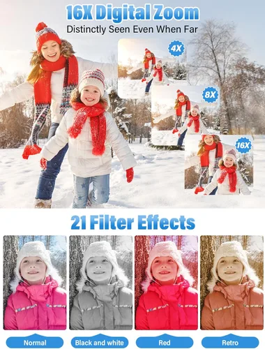 Miniatura 4 de Cámara digital para niños, FHD 1080P 56MP con enfoque automático y disparo con 16X de zoom, tarjeta TF de 32GB, batería, flash, detección de rostro