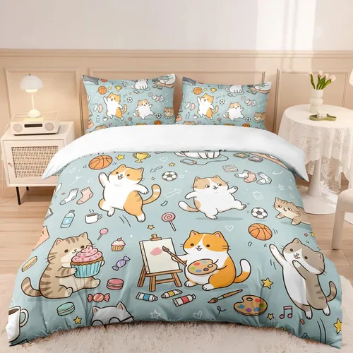 AILONEN Hobby Cat Twin Duvet Cover Set 3 Piece, Blue Sports Art Bedding Pack, Cupcake Ball Microfiber Shell, 2 Pillowcases