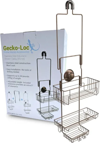 Miniatura 10 de Gecko-Loc Organizador de ducha extra largo ajustable sobre el cabezal de ducha - Organizador de acero inoxidable con estabilizador de succión, cesta