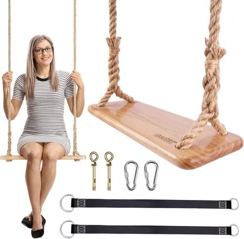 Miniatura 11 de Columpio de Madera Colgante Carbonizada, Columpio de Árbol de 24"x 8"x 1.2" para Adultos y Niños con Carga de 500lbs, Cuerda de Escalada Ajustable