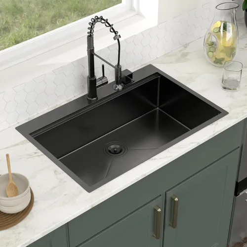 Miniatura 8 de Logmey Fregadero de cocina negro 33x22 empotrable, estación de trabajo de fregadero de cocina, SUS304 calibre 16 acero inoxidable, tazón individual