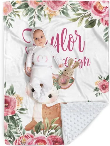 Manta de bebé personalizada, manta de felpa suave con respaldo de puntos de doble capa para niños y niñas, nombre personalizado con diseño de animal