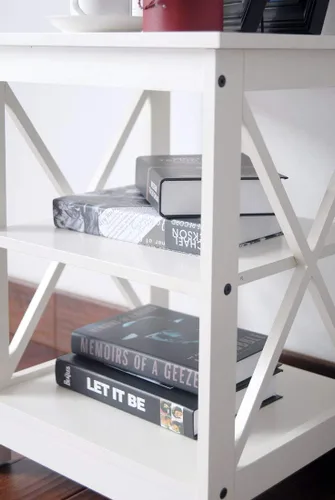 Miniatura 5 de White Finish Wooden X-Design Chair Side End Table with 3-tier Shelf
