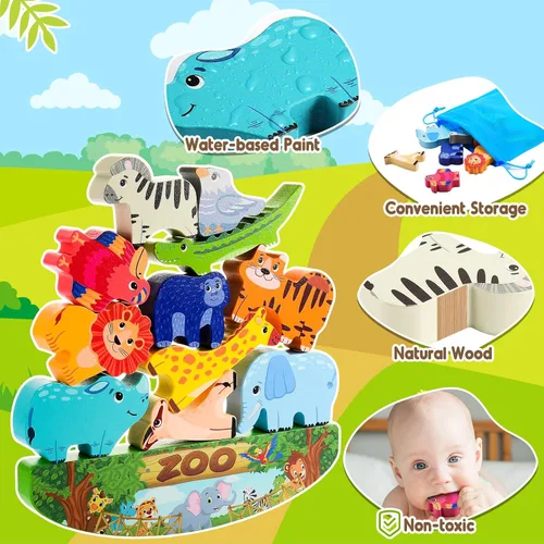 Miniatura 4 de IPOURUP Bloques de Animales de Madera Apilables Juguete para Niños Regalos de Navidad y Cumpleaños para Niño Niña Edad 3-7 Animales Montessori