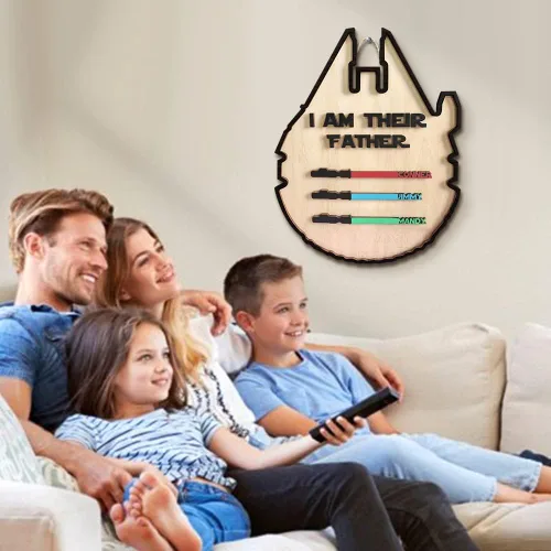 Miniatura 3 de Letreros de madera personalizados con nombres y sables de colores personalizados con texto en inglés "I AM THEIR THEIR Father", grabado con nombre