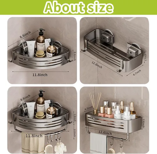 Miniatura 5 de Organizador de ducha con ventosa, sin perforación, estante de ducha de esquina de baño, organizador de baño extraíble con barra de toalla