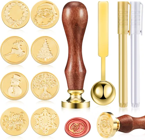 Juego de 8 sellos de cera para Navidad, Halloween, mango de madera, cuchara de fusión, 2 bolígrafos metálicos para decoración de sellos de cera