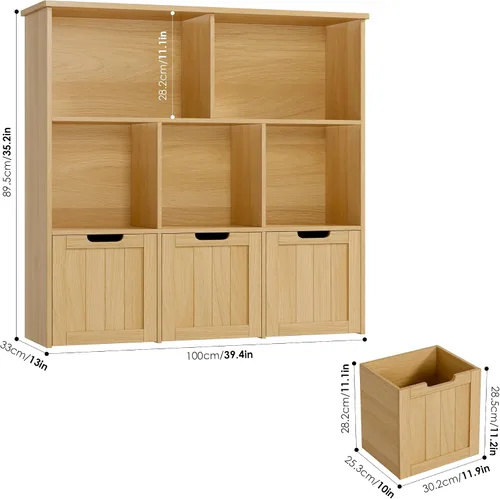 Miniatura 2 de FOTOSOK Organizador de almacenamiento de juguetes con 3 cajones móviles, gabinete de almacenamiento de piso cofre de juguetes con ruedas ocultas y 5