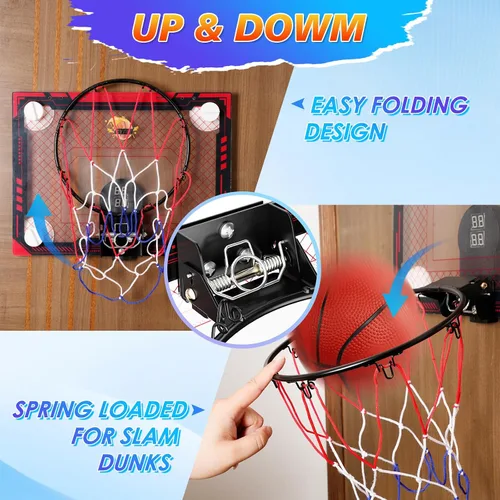 Miniatura 7 de CYFIE Mini aro de baloncesto para interiores para niños con luz LED, ventosa/aro de baloncesto sobre la puerta con marcador y 3 bolas, juguetes