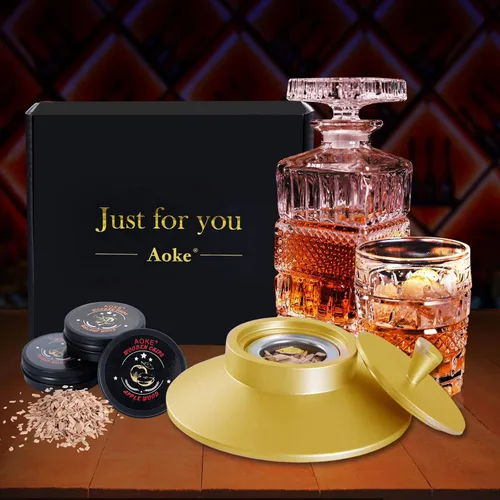 Miniatura 6 de AOKE - Kit de ahumador de whisky metálico dorado con chips de madera de 4 sabores para whisky y bourbon, kit de ahumador antiguo para mejorar