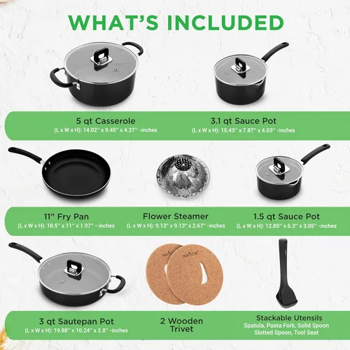 Miniatura 2 de NutriChef Juego de sartenes y ollas antiadherentes de 17 piezas, ahorro de espacio, compatible con inducción, perilla plegable, utensilios de cocina