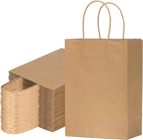 vanhel 50 bolsas de regalo con asas, 8 x 4.25 x 10.5 pulgadas, bolsa de regalo, bolsas de papel marrón con asas a granel, para compras, fiesta,