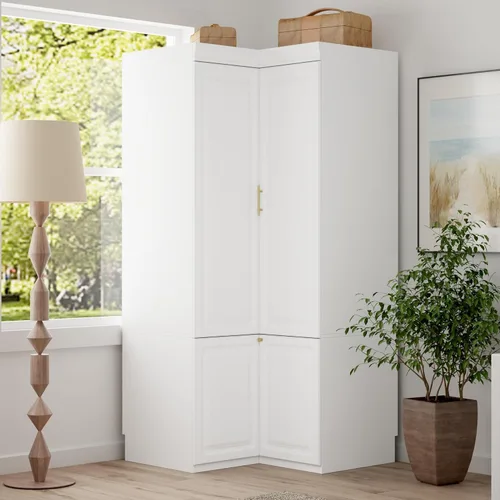 AIEGLE Armario esquinero con cajones, armario de abrigo blanco con puertas, armario alto moderno con barra para colgar para dormitorio,