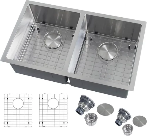 Miniatura 25 de LQS Fregadero de cocina dorado de 32 x 18 pulgadas, fregaderos de cocina empotrados, fregaderos de acero inoxidable de doble tazón 50/50