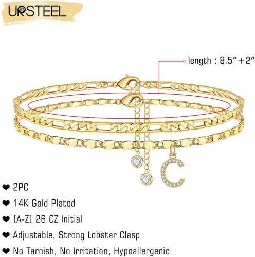 Miniatura 2 de Tobilleras Ursteel chapadas en oro de 14quilates, delicadas capas de cadena Figaro con inicial de circonita cúbica, joyería de verano, regalos