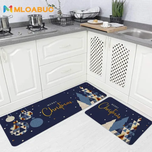 Miniatura 4 de Mloabuc - Juego de 2 alfombrillas de cocina de Merry Christmas, antifatiga, impermeables, resistentes a las manchas, alfombra azul decorativa