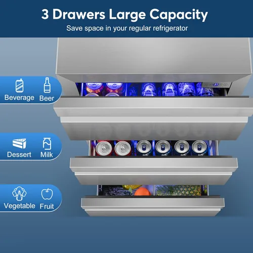 Miniatura 8 de FoMup - Refrigerador bajo encimera de acero inoxidable con 3 cajones, refrigerador de bebidas para exterior con ruedas, diseño impermeable y control