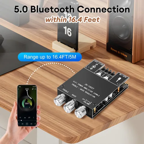 Miniatura 4 de Daakro ZK-1002T Placa amplificadora Bluetooth, placa amplificadora de 100W+100W de 2.0 canales con control de agudos/graves, DC 12-24V, entradas