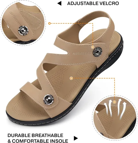 Miniatura 4 de TEMOFON Sandalias para mujer de verano elegante: puntera abierta, cómodas para caminar, sandalias planas con soporte para el arco, tallas 5-11