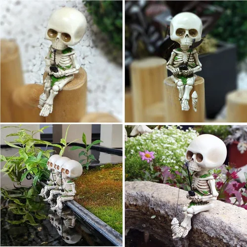 Miniatura 2 de 1 estatua de calavera de Halloween, figuras de esqueleto geniales, figuras de esqueleto con temática de pesca, decoración gótica, figura de calavera