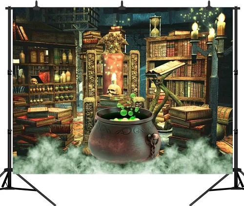 Miniatura 2 de Fondo de fotografía de Halloween, bruja, caldero mágico, estantería en habitación espeluznante, decoración de fiesta, fondo de retrato de vinilo