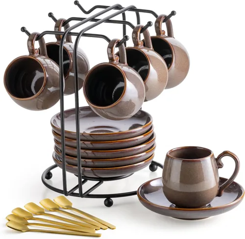LYEOBOH Juego de 6 tazas y platillos de espresso de 3 onzas, tazas de café pequeñas de cerámica con soporte de metal y cucharas, lindas tazas Marrón