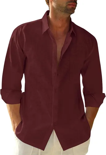 Miniatura 13 de JEKAOYI - Camisas de lino con botones para hombre, de manga larga, ajuste regular, de algodón, camisas de playa con bolsillo