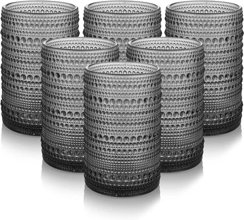 HomeVogue Hobnail Juego de 6 Vasos para Beber de 15 oz, Juego de Cristalería Vintage Juego de Vasos de Cóctel, Vaso Gris en Relieve, para Cerveza,