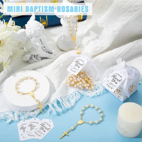 Miniatura 6 de Highergo Juego de 200 recuerdos de bautismo, 50 piezas de mini rosario, 50 piezas, cajas de regalo para fiesta de bautismo, bolsas de organza