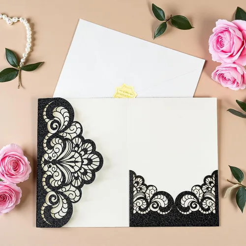Miniatura 3 de Tarjeta de felicitación, 20 tarjetas de invitación con purpurina negra cortada con láser para bodas, fiestas, cumpleaños, graduaciones, Año Nuevo