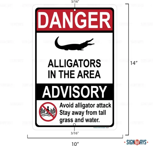 Miniatura 2 de Danger Alligators in Area Sign, Includes Holes, Non-Reflective 3M Quality, Laminated-Durable-Aluminum, 10"X14", Made in USA, Safety