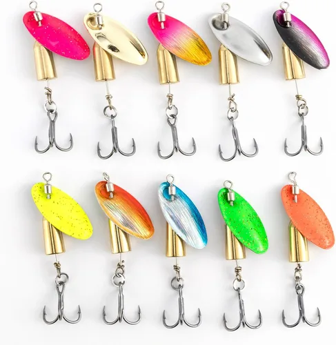 Miniatura 11 de Dr.Fish Paquete de 10 señuelos giratorios de pesca en línea con un solo gancho para trucha, spinnerbait, kits de señuelos Bass Crappie Salmón Kit