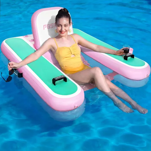 Miniatura 10 de FBSPORT Tumbona inflable para piscina para adultos, silla flotante de agua, balsa flotante de piscina con soporte para tazas y respaldo para Verde
