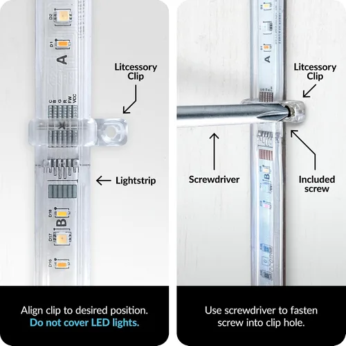 Miniatura 5 de Litcessory Clip de montaje para tira de luz Philips HUE Lightstrip - Paquete de 50 unidades, transparente, fuerte, extraíble, incluye tornillos