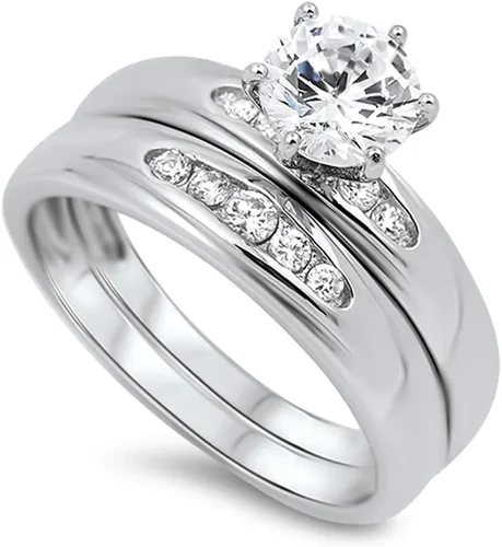 Juego de anillos de boda solitarios de plata de ley con circonita blanca de 0.236 in (talla 5 a 10)