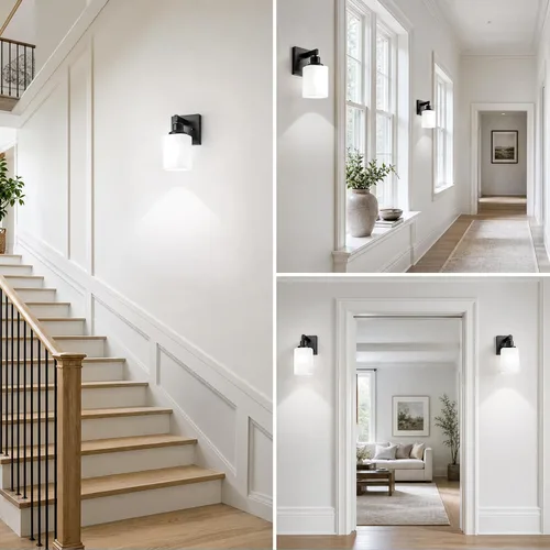 Miniatura 6 de Juego de 2 apliques de pared para baño, lámpara de tocador de baño negra, apliques de pared modernos para interiores con vidrio esmerilado cuadrado