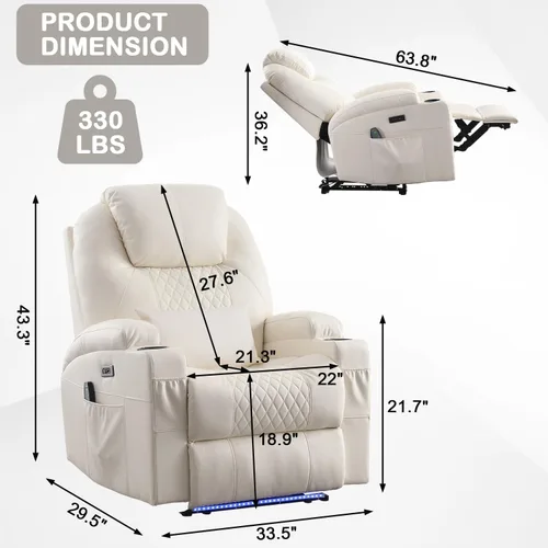 Miniatura 2 de Silla reclinable eléctrica con calor y masaje para adultos, asiento de cine en casa con luces LED, portavasos, bolsillo lateral, puerto USB, sofá