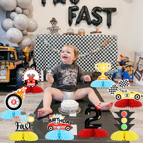 Miniatura 4 de Fangleland 8 centros de mesa rápidos de panal de abeja, temática de auto de carreras retro, decoración de mesa 3D para fiesta de segundo cumpleaños