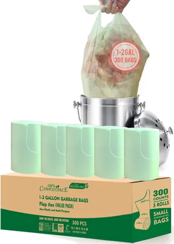 Miniatura 15 de BEIDOU-PAC Bolsas de basura compostables con solapa de 1 a 2 galones, 120 bolsas de abono pequeñas, bolsas de basura biodegradables para cocina