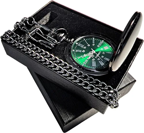Miniatura 2 de 1 reloj de bolsillo grabado - Viene con caja personalizada, cadena y grabado. Esfera verde con números romanos plateados, regalos de boda Negro