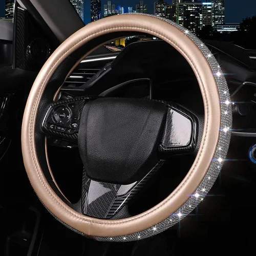 Miniatura 6 de Funda de volante de cuero con diamantes brillantes, fundas doradas para volante para mujeres y niñas con diamantes de imitación de cristal, Dorado
