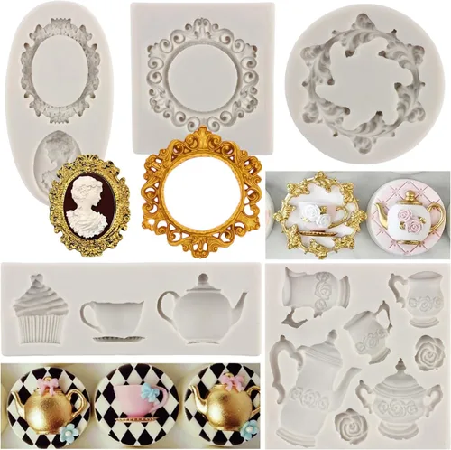 Moldes para tartas de fiesta de té, camafeo con marcos de fotos, molde de silicona, tetera, tazas de té, corona, molde de chocolate para decoración