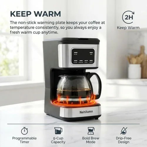 Miniatura 3 de Cafetera programable para 5 tazas, filtro reutilizable, indicador de nivel de agua transparente, apagado automático, cafetera negra y de acero