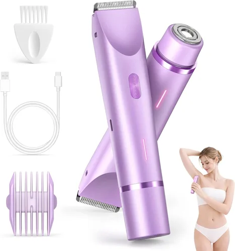 Recortadora de bikini para mujer, maquinilla de afeitar eléctrica 2 en 1 con doble cabeza, IPX7 impermeable para cabello púbico, piernas, axilas y