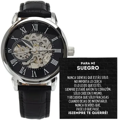 Reloj calado para hombre con tarjeta de mensaje especial para Mi Suegro Reloj Esqueleto Calado - My suegro Watch en español - Graduacion